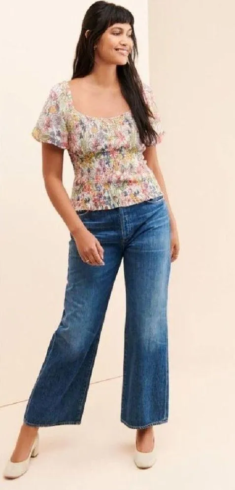 Anthropologie Aurelia Smocked Top Floral Cream Size M Balloon Sleeve Ruching - Image 10