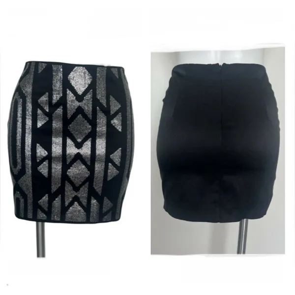 NEW Sequin Mini Skirt SMALL Black Silver concerts Aztec Tribal Print Y2K stretch - Image 5