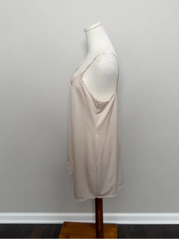 Vintage Slip Nighty Dress Mini Embroidered Flower Trim Nude Beige Blush Pink - Image 5