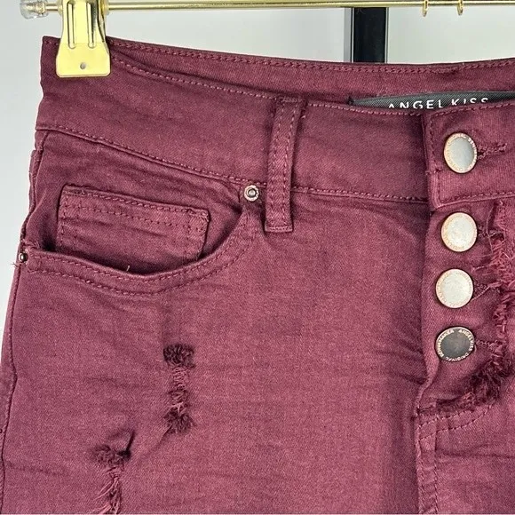 Angel Kiss Juniors Cut Off Shorts Size 1 Burgundy Distressed Edgy Y2K Mid Rise - Image 4