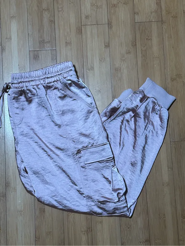 Seleste Drawstring Jogger Pants Pink Satin Cargo Pockets Ankle XL - Image 3