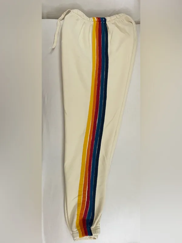 Aviator Nation 5 Stripe Vintage Cream Rainbow-Stripe Zip Hoodie & Jogger Set XS - Image 10