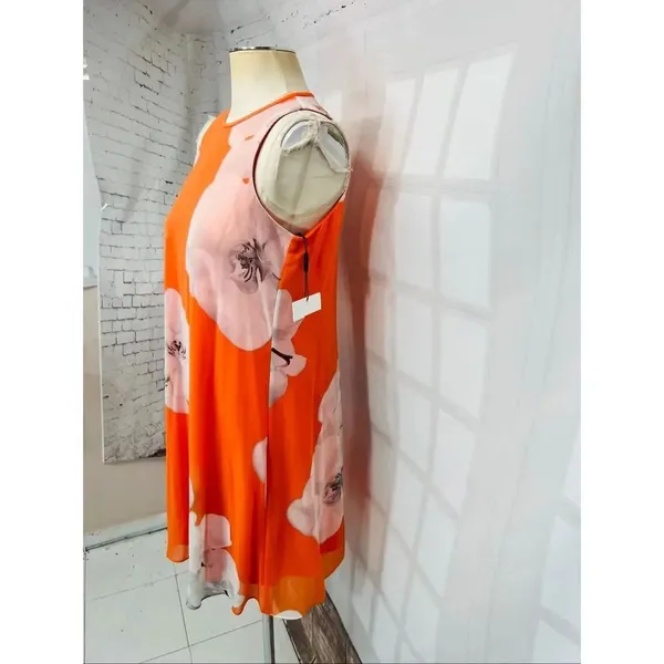 Calvin Klein NWT Orange Floral Print Sleeveless Lined Flowy A-Line Dress Size 4 - Image 4