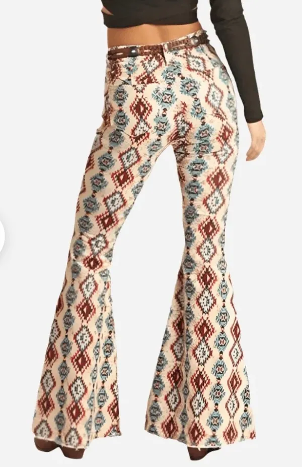 Rock & Roll Denim Aztec Print Bargain Button Bell Bottom Jeans Size 32x32 - Image 2
