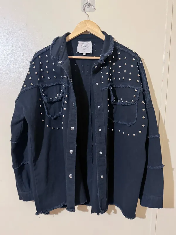 Fantastic Fawn Studded Jacket Black L Collared Snap Frayed Long Sleeve - Image 5