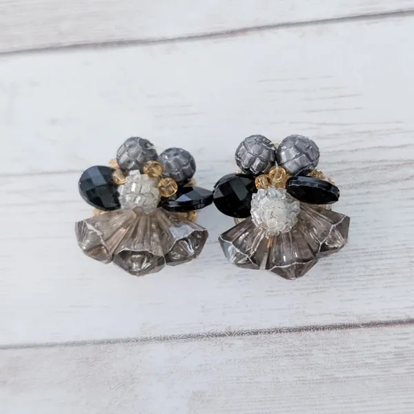 Vintage Clip On Earrings Unusual Dark Tones Cluster Large Statement - Image 2