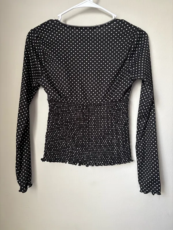 Good Days Project Black White Polka Dot Smocked Long Sleeve Top S - Image 2