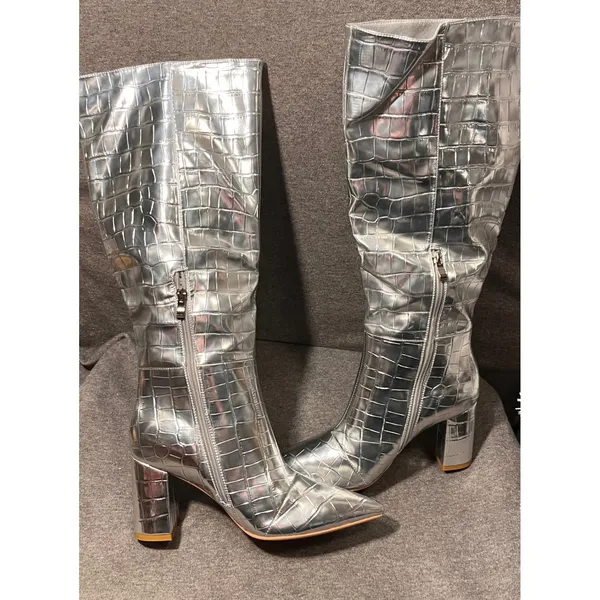 Womens Silver Crocodile Embossed Knee High Boots Pointed Toe‎ Block Heel - Image 7