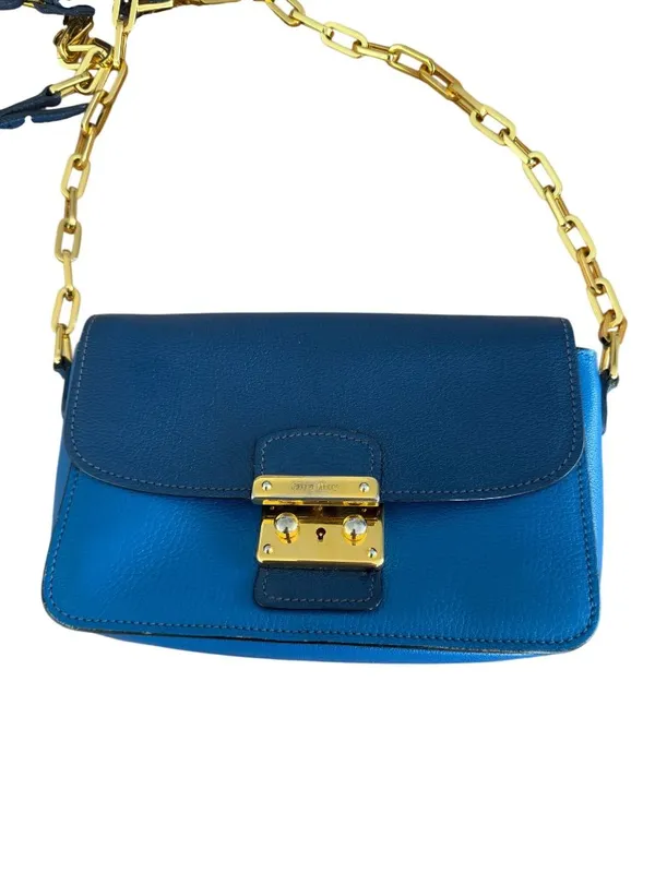 MIU MIU Blue Leather Madras Two Tone Chain Crossbody Bag - Image 9
