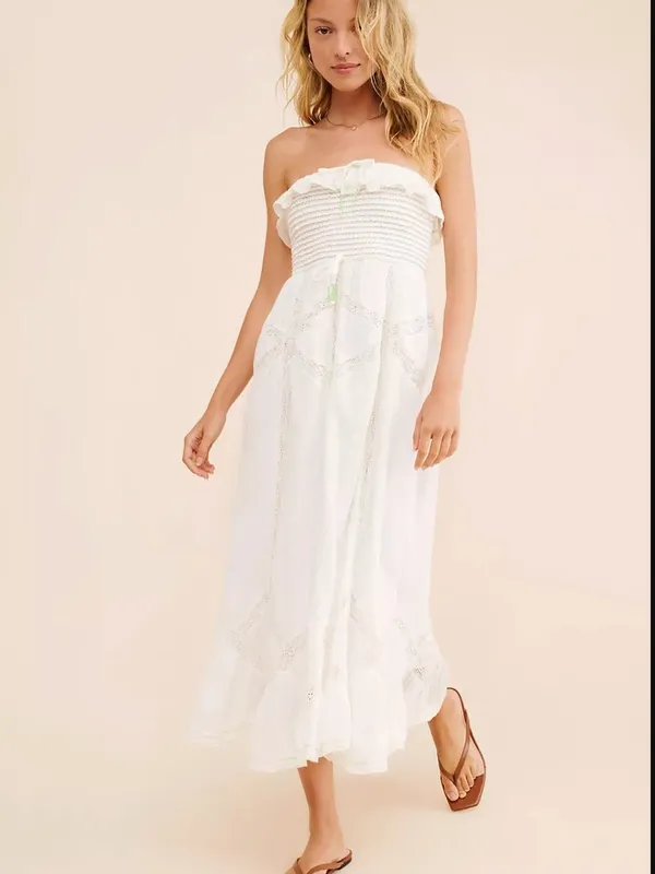 Free People Hi Hello White Cotton Smocked Strapless Lace Trim Midi Dress Size M - Image 15