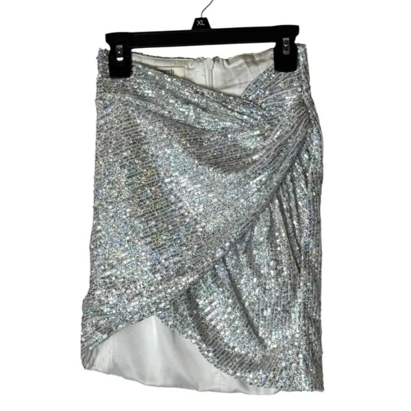 House Of CB‎ Skirt Women XS Silver Sequins Petunia Wrap Draped Mini Sexy Party - Image 2