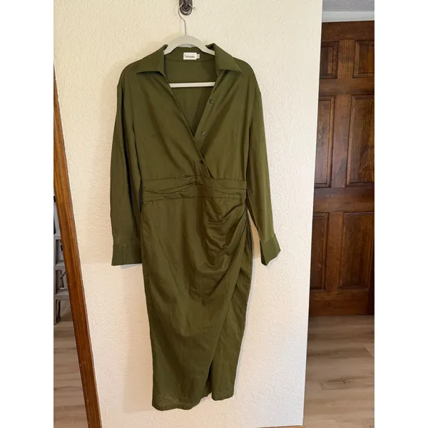 MODESEES Dress Olive M Womens Ruched Faux Wrap‎ Long Sleeve Midi Modest - Image 6