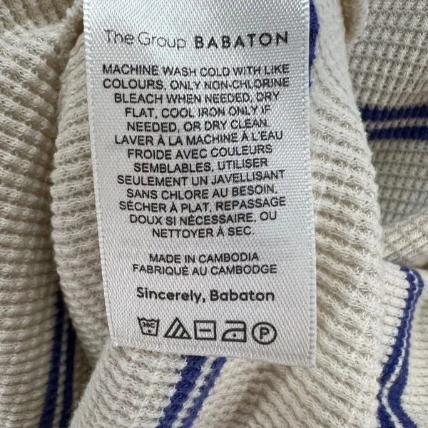 Babaton Waffle Knit Thermal Sweater Womens S Cream Blue Striped Quiet Luxury - Image 11
