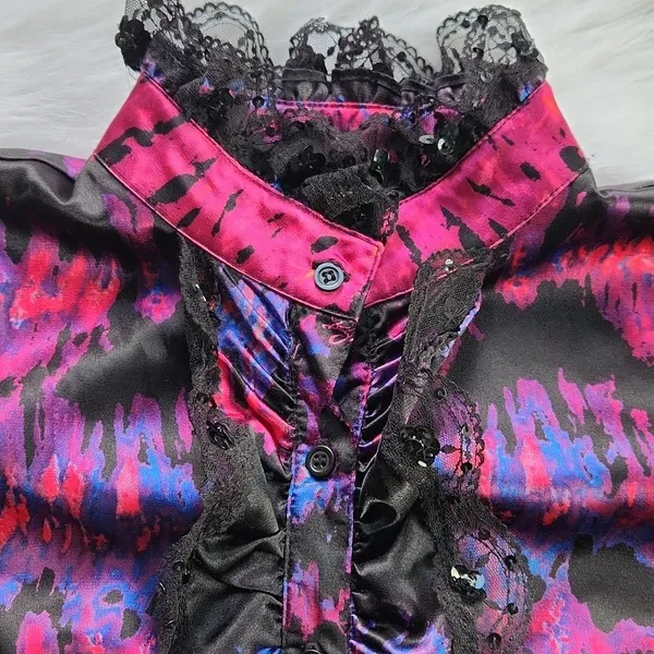 Baby Phat -257 Y2K satin like lace and sequin blouse hot pink and‎ black Large - Image 8