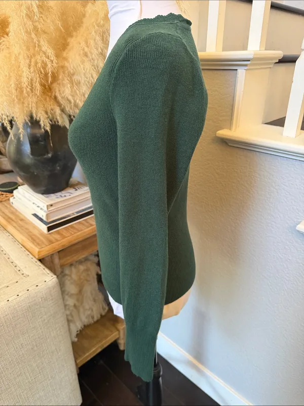 Anthropologie Scallop Lace-Trim Green Long Sleeve Ribbed Sweater Size Small - Image 5