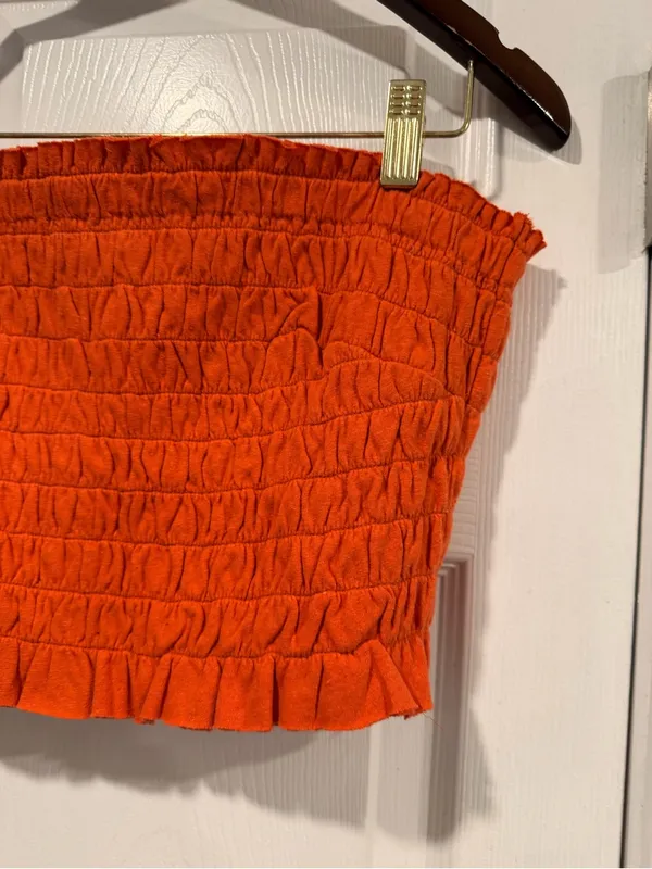 NWOT Free People Beach Size L Orange Smocked Linen Blend Strapless Tube Top - Image 2
