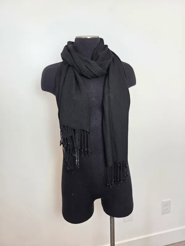 Black Fringe Trim Scarf Rectangle Classic Lightweight Academia Whimsigoth Unisex - Image 3