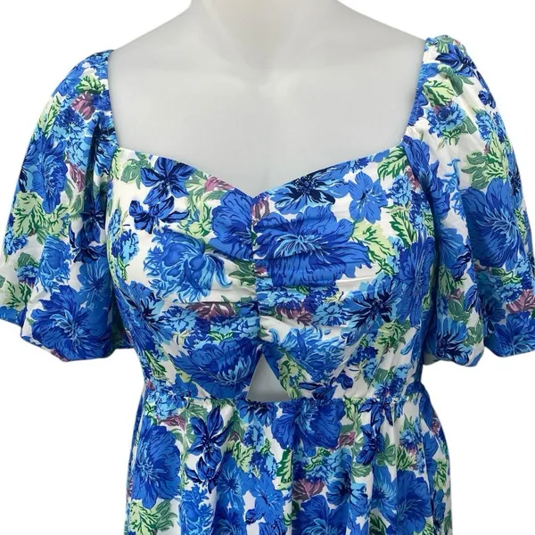 NEW BTFBM Blue Floral Short Puff Sleeve Cutout Tiered Maxi Midi A-Line Dress XXL - Image 3