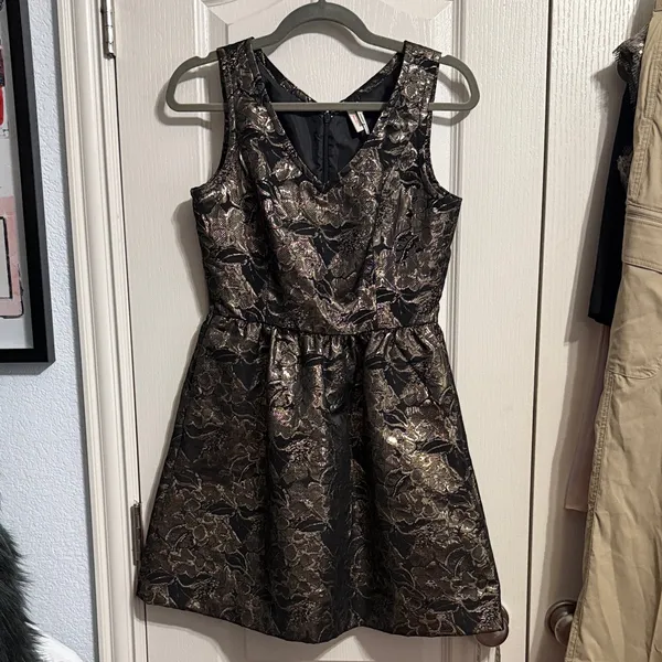 Frenchi‎ Metallic Black & Gold Brocade Mini Party Dress Cocktail Wedding Guest - Image 2