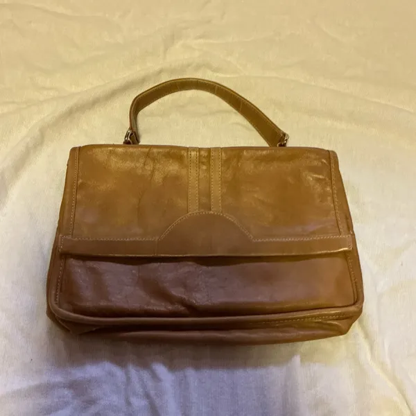 Vintage 70s Cognac Brown Leather Top Handle Handbag Classic Structured Purse - Image 5