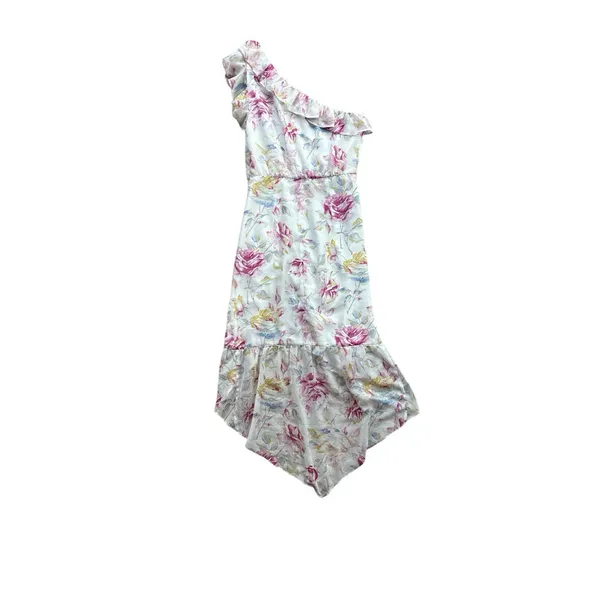 Majorelle Dress Womens Small White Pink Floral Zella Romance One Shoulder Ruffle - Image 7