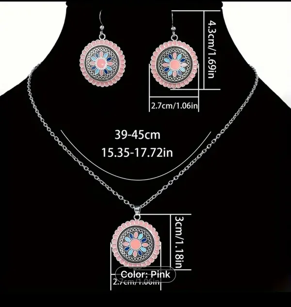 Gorgeous Boho-Chic Pink Floral Necklace and Earring Set (3 Piece Set) - Image 3