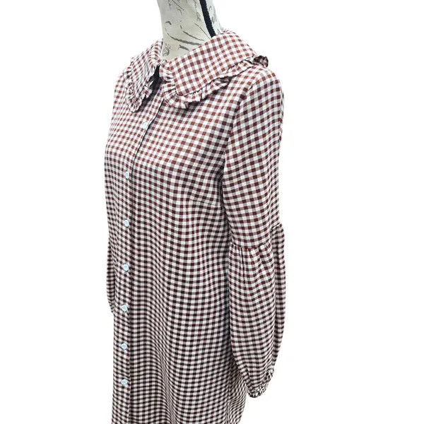 PrettyLittleThing Brown Gingham Peter Pan Collar‎ Ruffle Shirt Dress Size 8 - Image 4