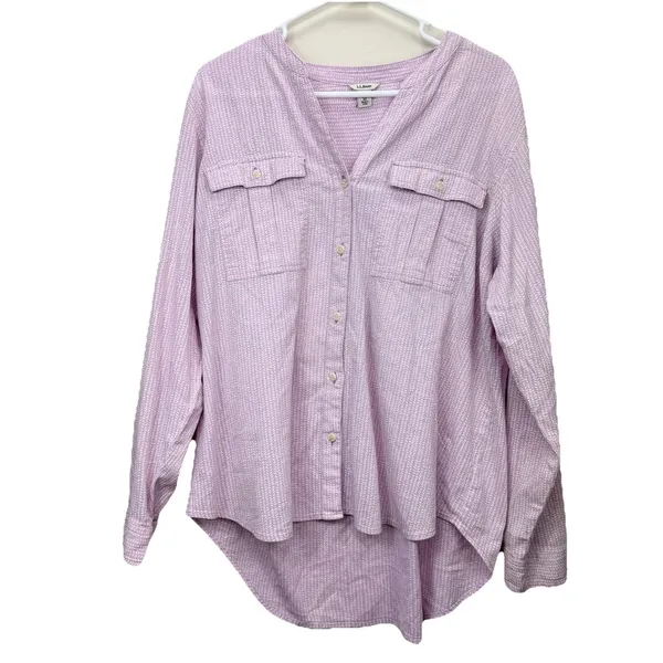 LL Bean Lavender Herringbone Organic Cotton Button Up Hi Low Shirt‎ Size XL - Image 4
