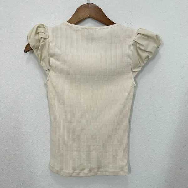 J. Crew XXS Cream Vintage rib T-shirt with cotton poplin puff sleeves Chic Femme - Image 5