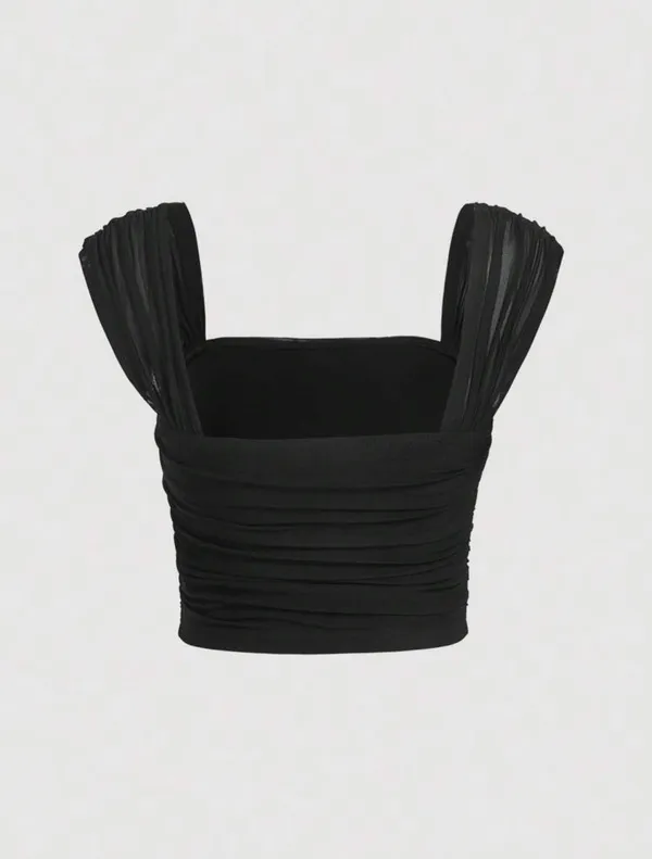 SHEIN MOD Ruched Square Neck Mesh Black Size XS - Image 2