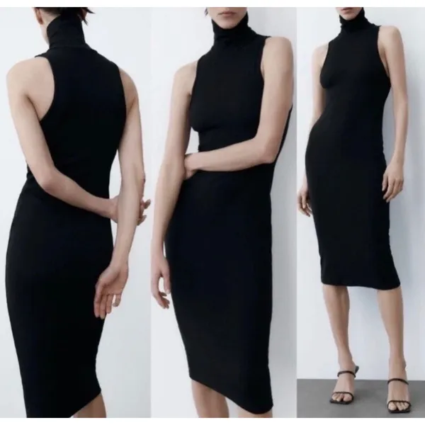 Zara Black Ribbed Knit Mock‎ Neck Sleeveless Bodycon Midi Dress Size Small - Image 2