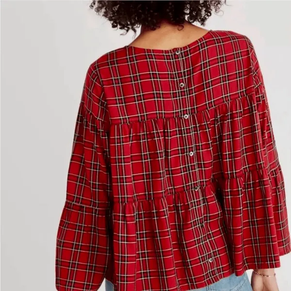 Madewell Red Black Small‎ Tartan Plaid Tiered Button Back Bell Fluted Sleeve Top - Image 11