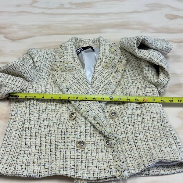 Zara Tweed Fringe‎ Double Breasted Classic Blazer Checkered Medium 2460/137/330 - Image 10