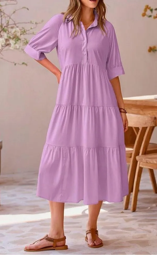 NEW Short Sleeve Button Up Ruffle A Line Flowy Maxi Dress L - Image 4