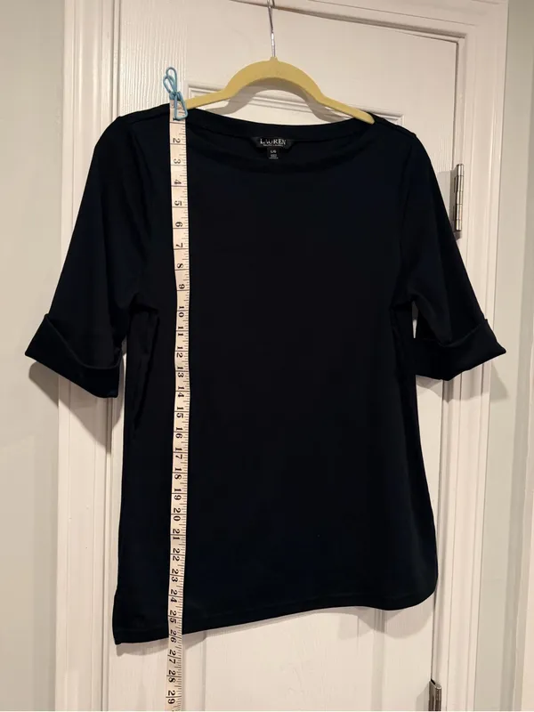 NWOT LRL Ralph Lauren Size L Black Top Cuffed Short Sleeve Stretch Classic Logo - Image 6