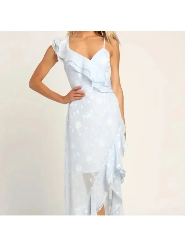 LULUS Forever Be Light Blue Ruffle Rose Print Dress Size Medium NEW NWT - Image 7