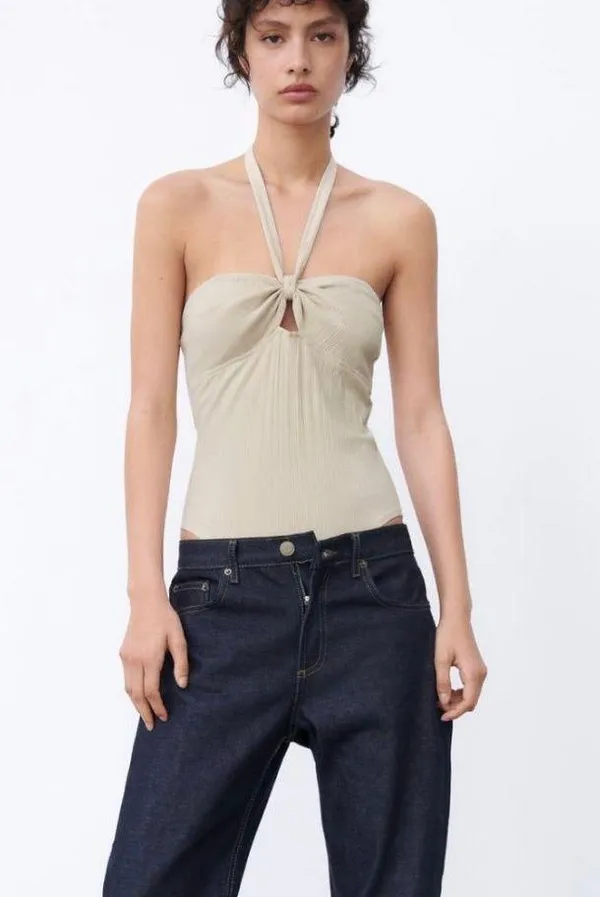 ZARA BODYSUITS | RIBBED HALTER BODYSUIT Sand - Image 3