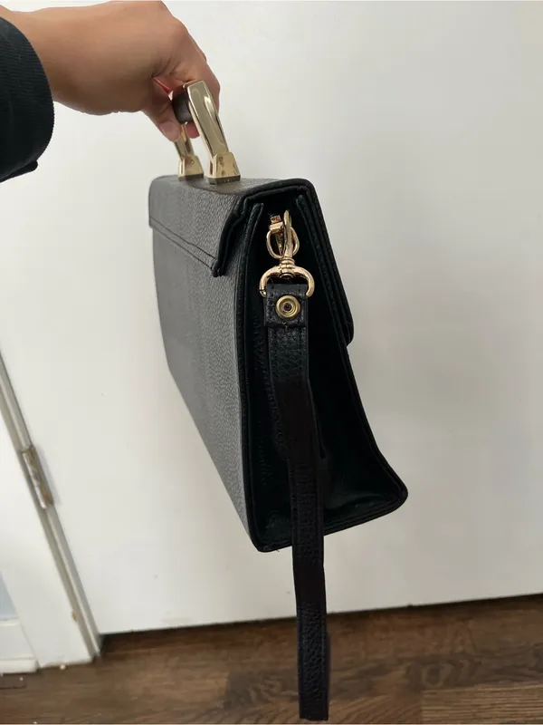Vintage Black Pebbled Leather Satchel with Gold Hardware briefcase office - Image 6