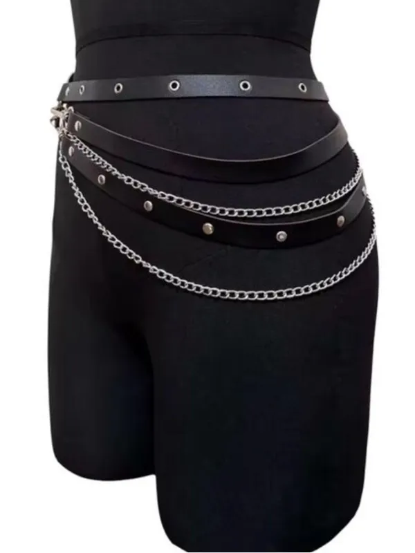 Black Studded Leather Chain Waist Belt - Women Accessories - Image 5
