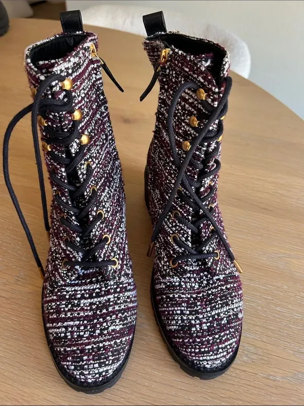 Tory Burch Miller Combat Tweed & Leather Lace Up Booties Burgundy/White 7.5 NWOT - Image 3