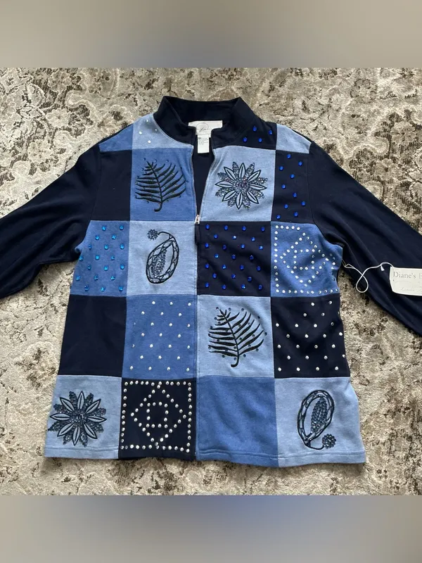 Essentials Navy and Light Blue Patchwork Embellished Zip Jacket Size 1X - Image 9