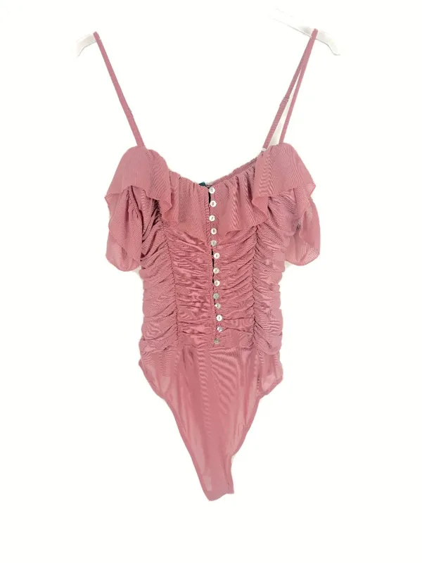 NWT Lulus Elegant Posture Mauve Pink Mesh Ruched Cold-Shoulder Bodysuit Size XS - Image 2