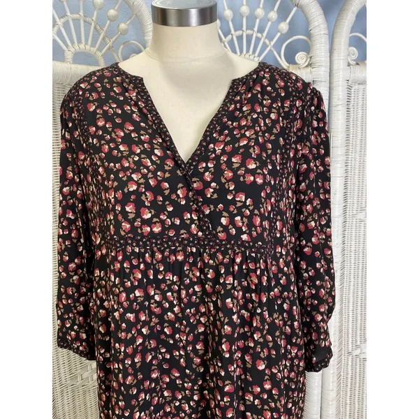 Gérard Darel Paris Black Floral Print Dress 44 Smocked Neckline‎ French Viscose - Image 14