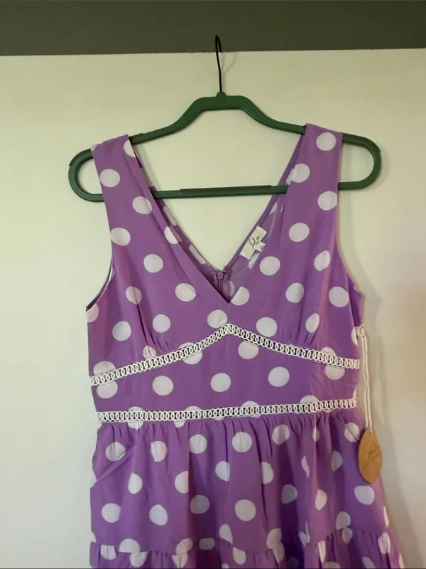 V-Neck Purple Polka Dot Tiered Casual Dress - Image 4