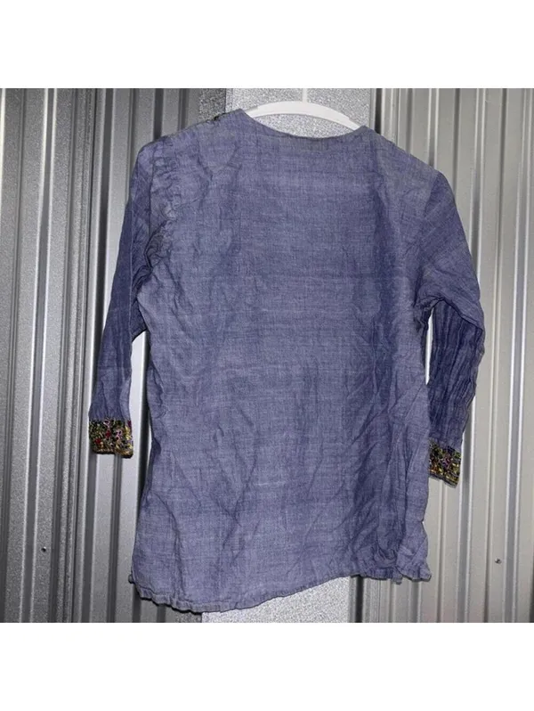 Ritu Agnihotri Indian 100% Cotton Lightweight Chambray Embroidered Blouse Top - Image 6