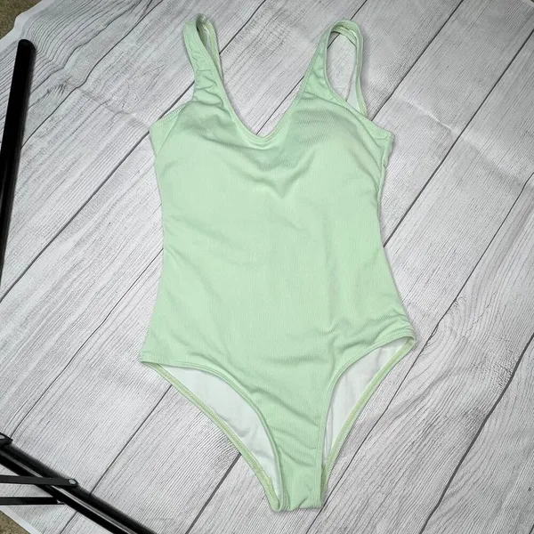 Zaful Sage Green Crinkle Ribbed One Piece Deep Scoop Neck One Piece Swimsuit S - Image 5