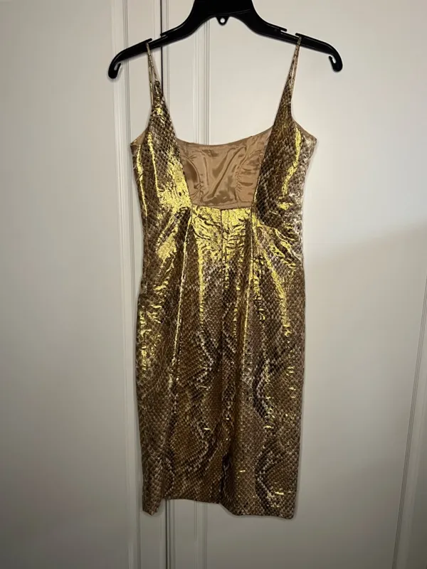 Vintage Y2K Tracy Reese Silk Gold Metallic Snakeskin Mini Party Dress - Image 9