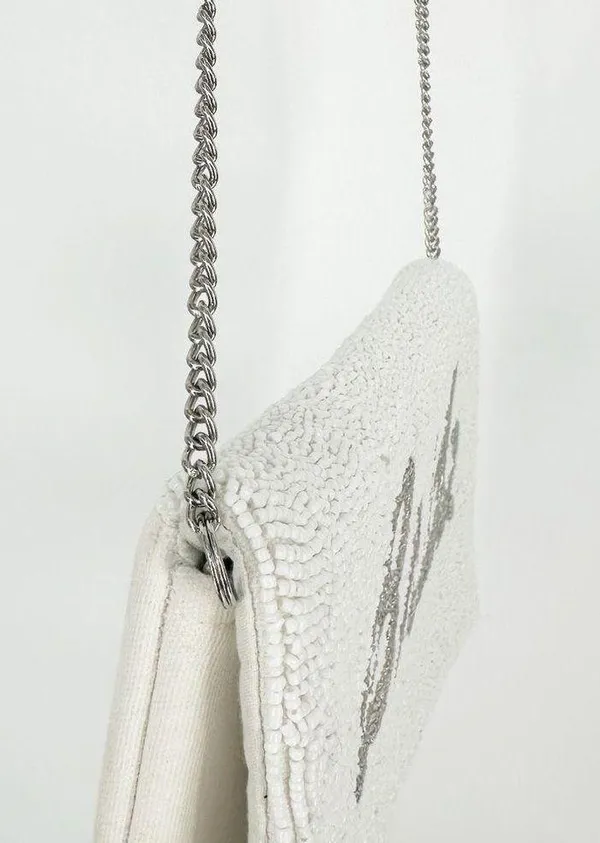 Lulus Bride Beaded Clutch Crossbody Bag White Silver - Image 6