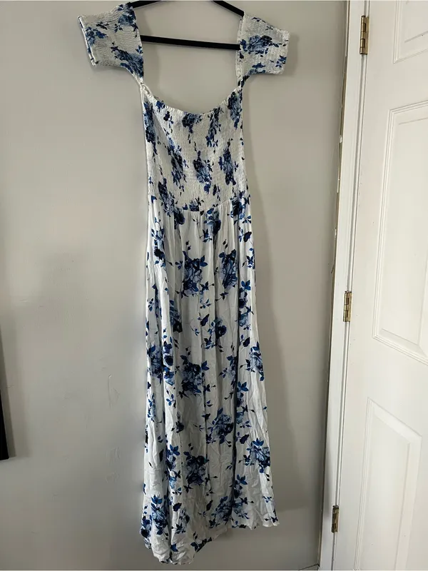 Altar'd State Blue White Floral Smocked Maxi Dress Medium Coastal Euro Summer - Image 8