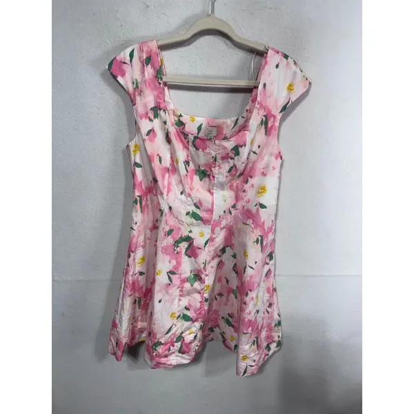 A‎ New Day 12 Pink Floral Mini Dress Short Sleeve Fit & Flare Corset Woven - Image 2